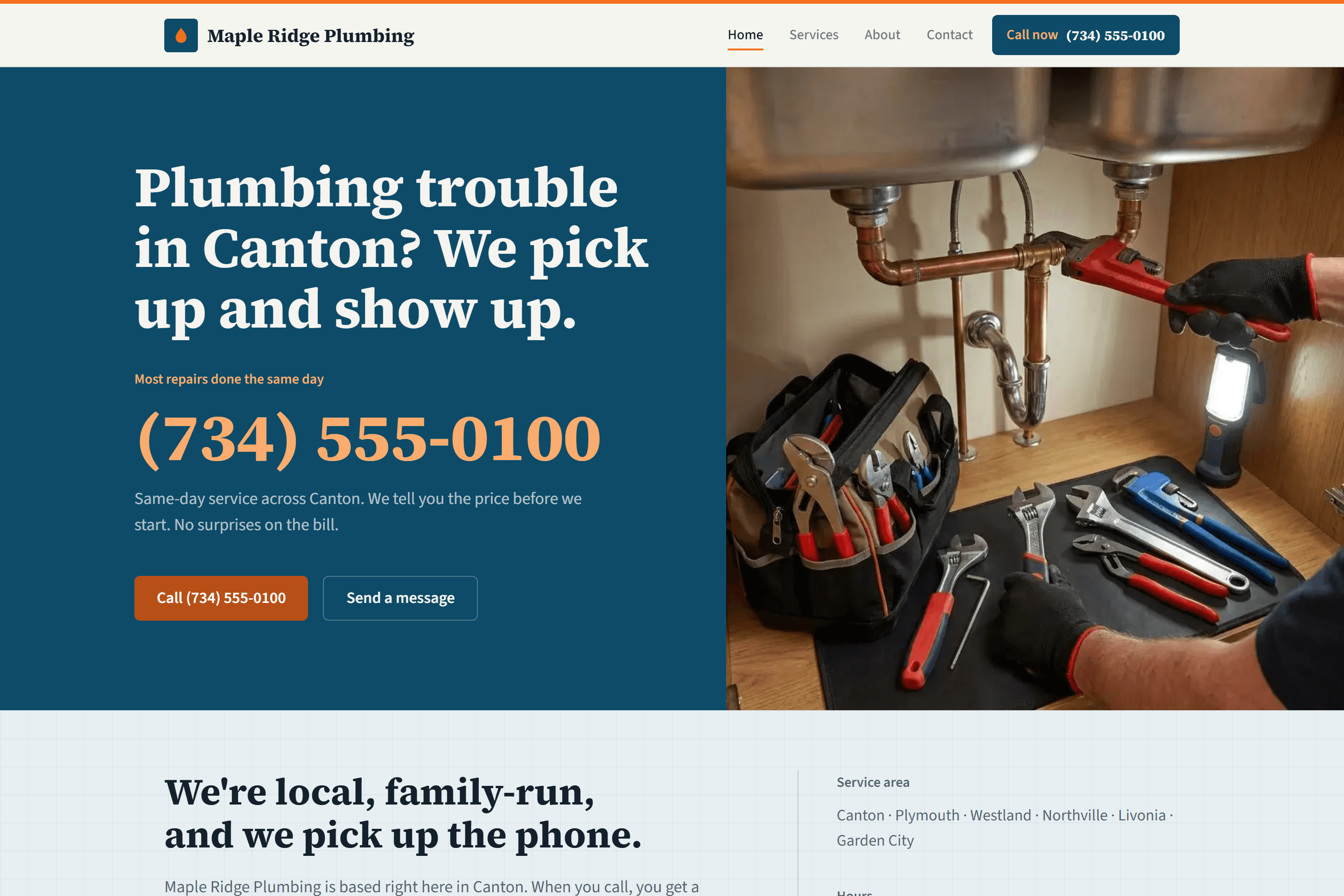 Maple Ridge Plumbing homepage: a dark-teal hero reading 'Plumbing trouble in Canton? We pick up and show up,' with a click-to-call number and a technician's tool bag beside a copper pipe repair.